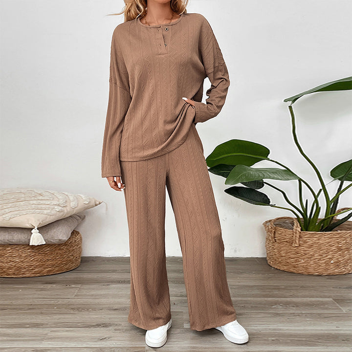 Damen Zweiteiliges Strick-Loungewear-Set mit Wide‑Leg-Hose und Henley-Oberteil Echoarchiv