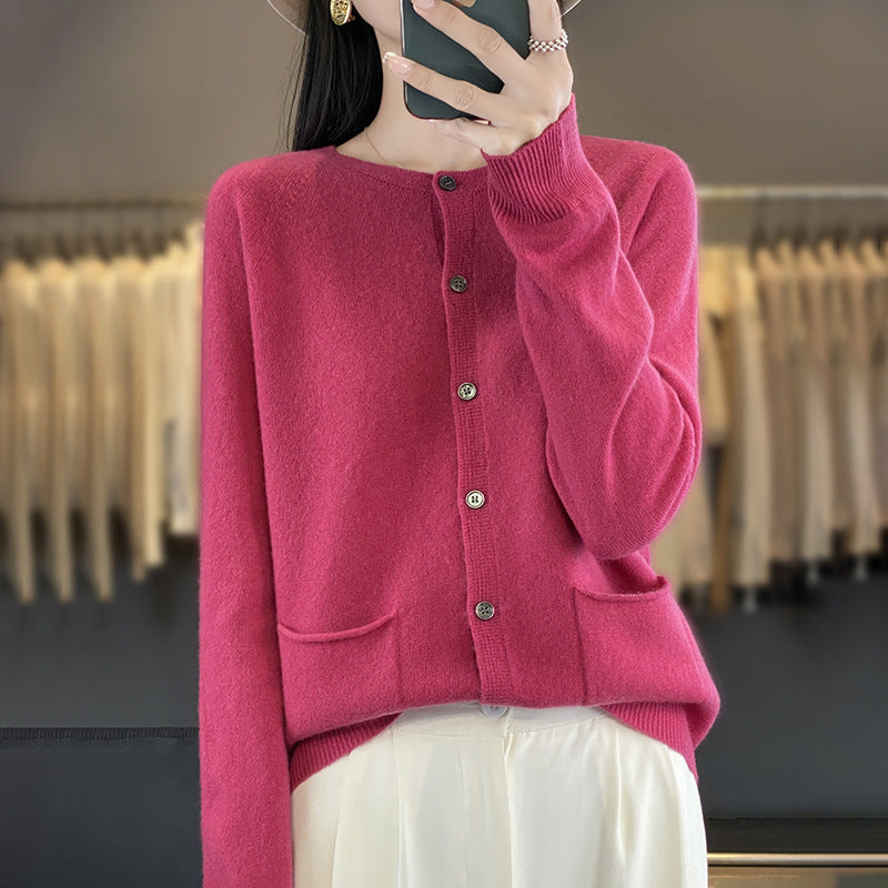 Damen Langer Feinstrick-Cardigan mit Rundhalsausschnitt, Eingrifftaschen und Alpaka-Mix Echoarchiv