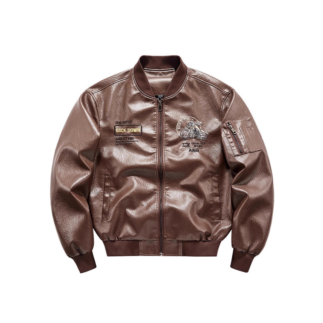 Herren Biker Lederimitat Bomberjacke mit Stickpatches und Ärmeltasche – Brevano