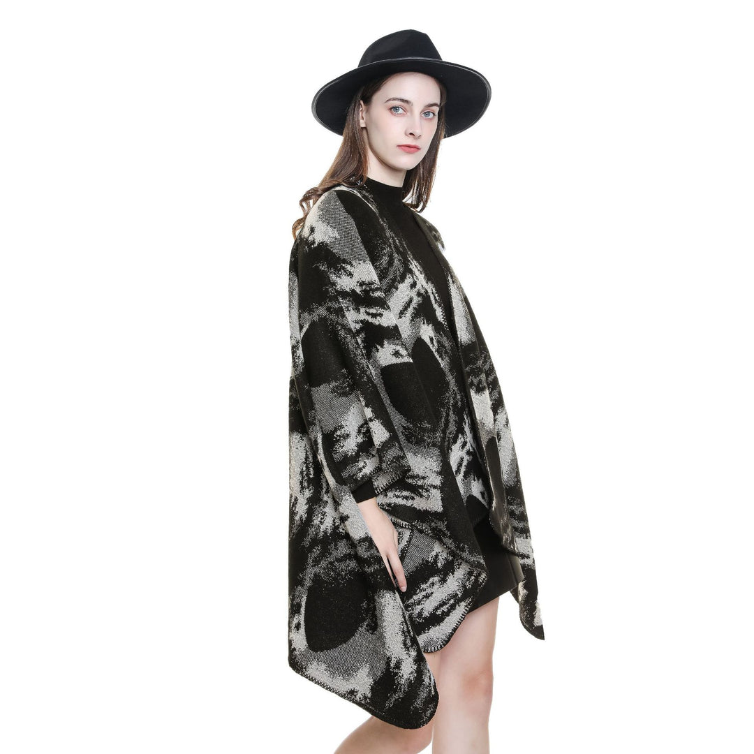 Damen Oversize-Jacquard-Umhang aus Wollmix mit grafischem Aquarellmuster und Kettelkante – Célinea