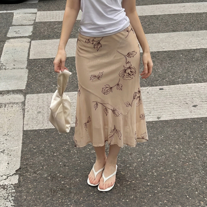 Damen Fließender Chiffon-Midirock mit zartem Blumenprint und asymmetrischem Volant – Rosévia