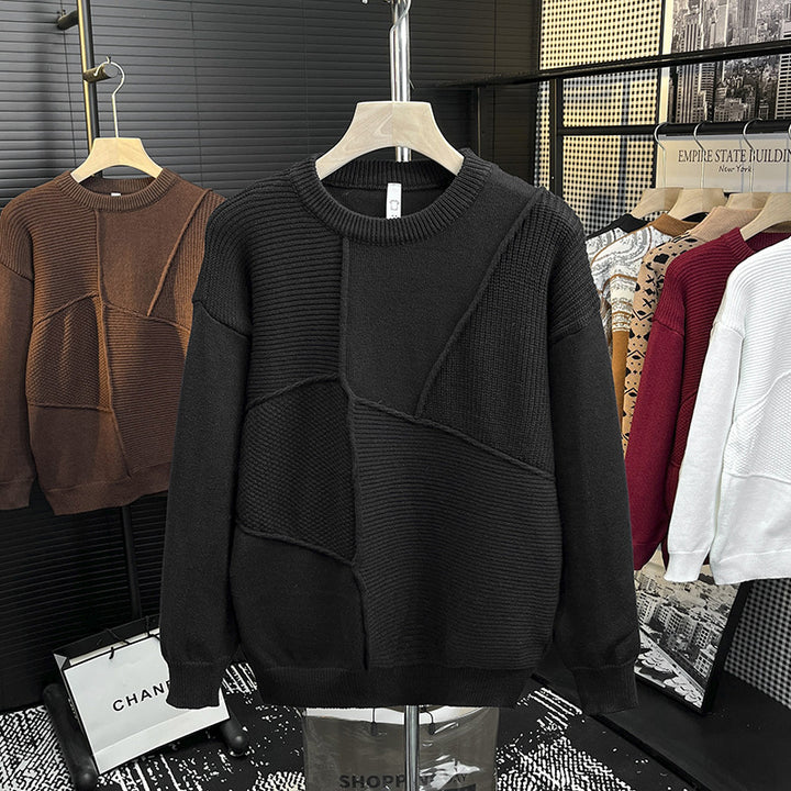 Herren Strukturierter Patchwork-Strickpullover mit Rundhals und gerippten Einsätzen Echoarchiv