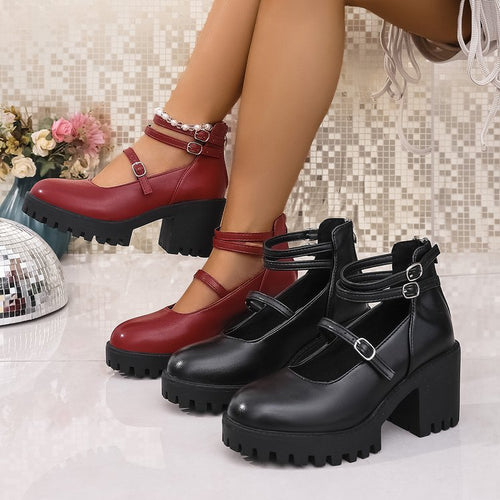 Damen Mary-Jane-Schuhe mit profiliertem Plateau, klobigem Blockabsatz und verstellbaren Riemen – Lioré