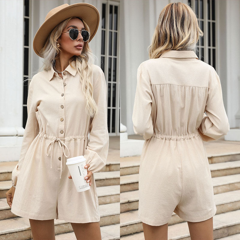 Damen Eleganter Jumpsuit mit Bindegürtel und Knopfleiste Echo Archiv