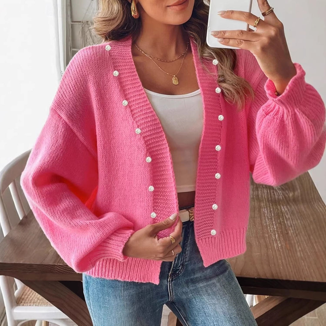 Damen nan Strickcardigan mit Perlenknöpfen und Balloon-Ärmeln Echo Archiv