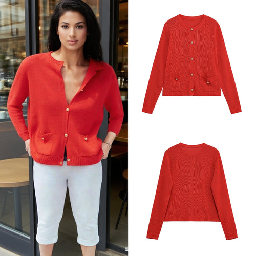 Damen Feiner Strick-Cardigan mit Zierknöpfen, Rundhalsausschnitt und aufgesetzten Taschen Echo Archiv
