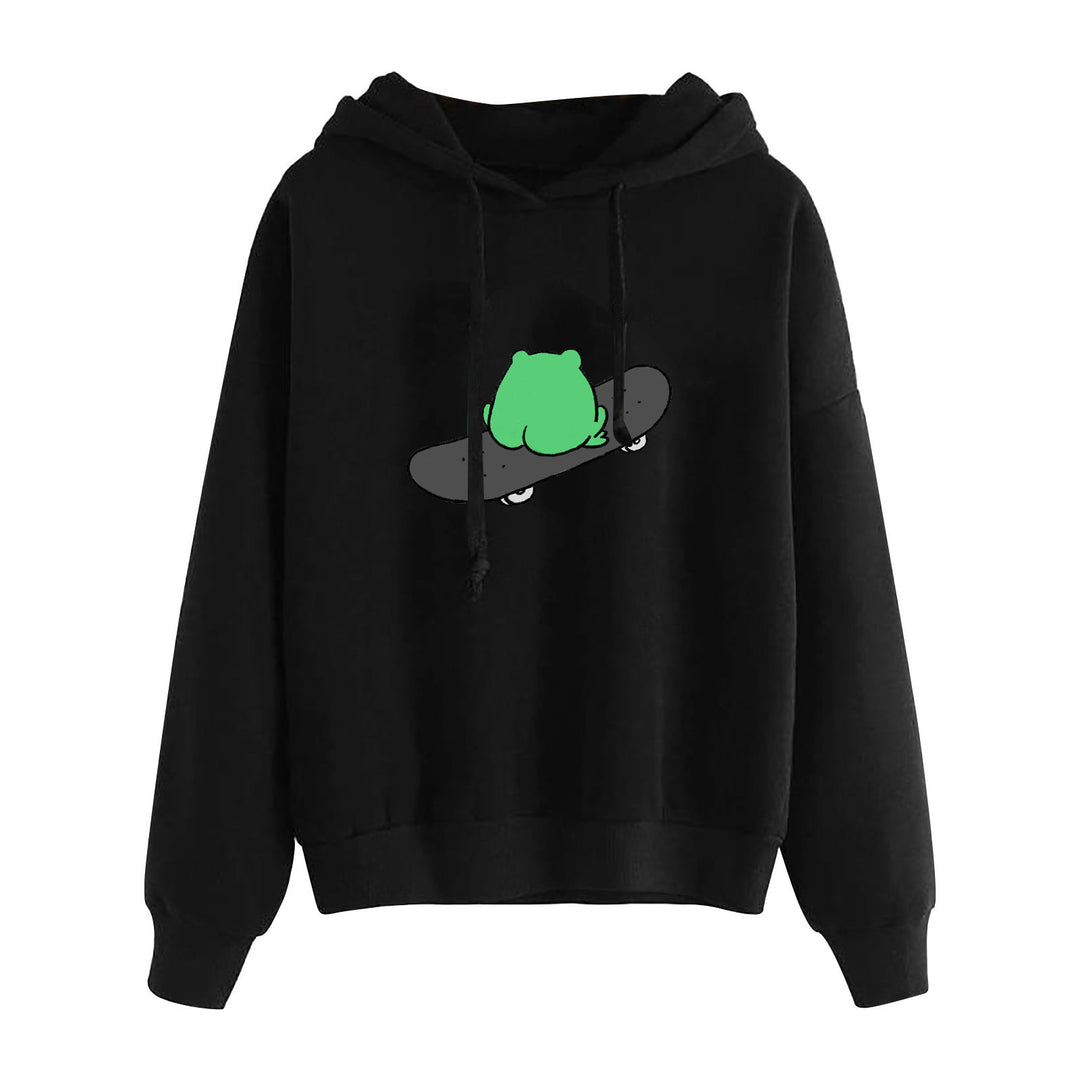 Damen kurz geschnittener Cropped-Kapuzenpullover mit niedlicher Frosch-Illustration und verstellbarer Kapuze – Auréline