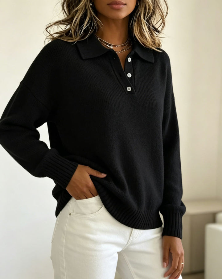 Damen Polokragen-Feinstrickpullover mit Knopfleiste und gerippten Bündchen – Mavelle