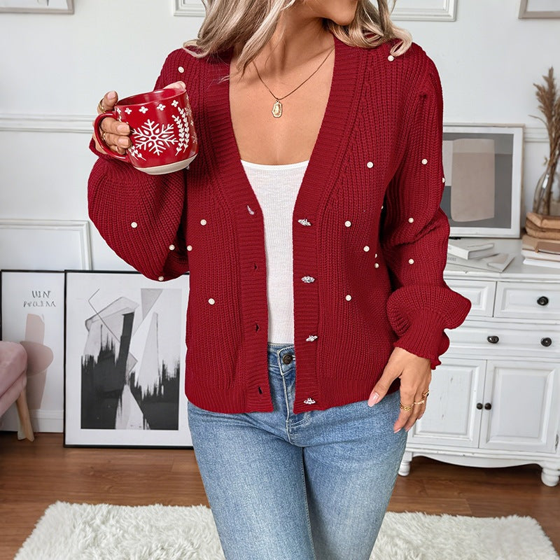 Damen Perlenbesetzter Grobstrick-Cardigan mit V‑Ausschnitt Echoarchiv