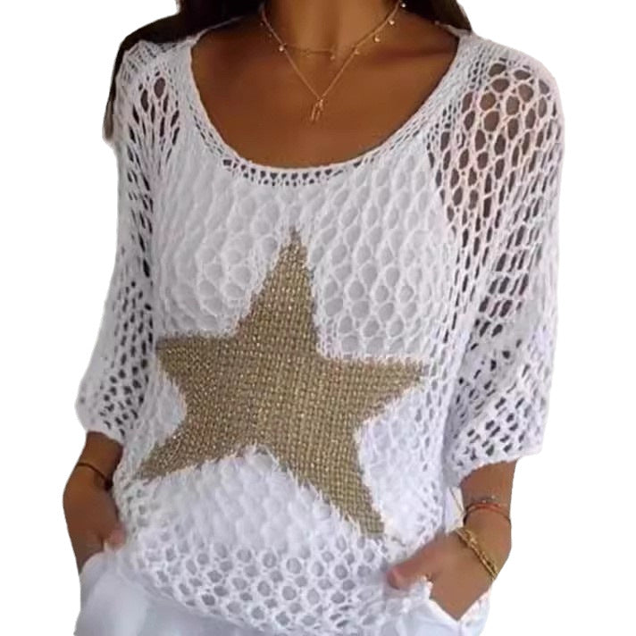 Damen nan oversized gehäkelter Pullover mit Sternapplikation und 3/4-Ärmeln Echo Archiv