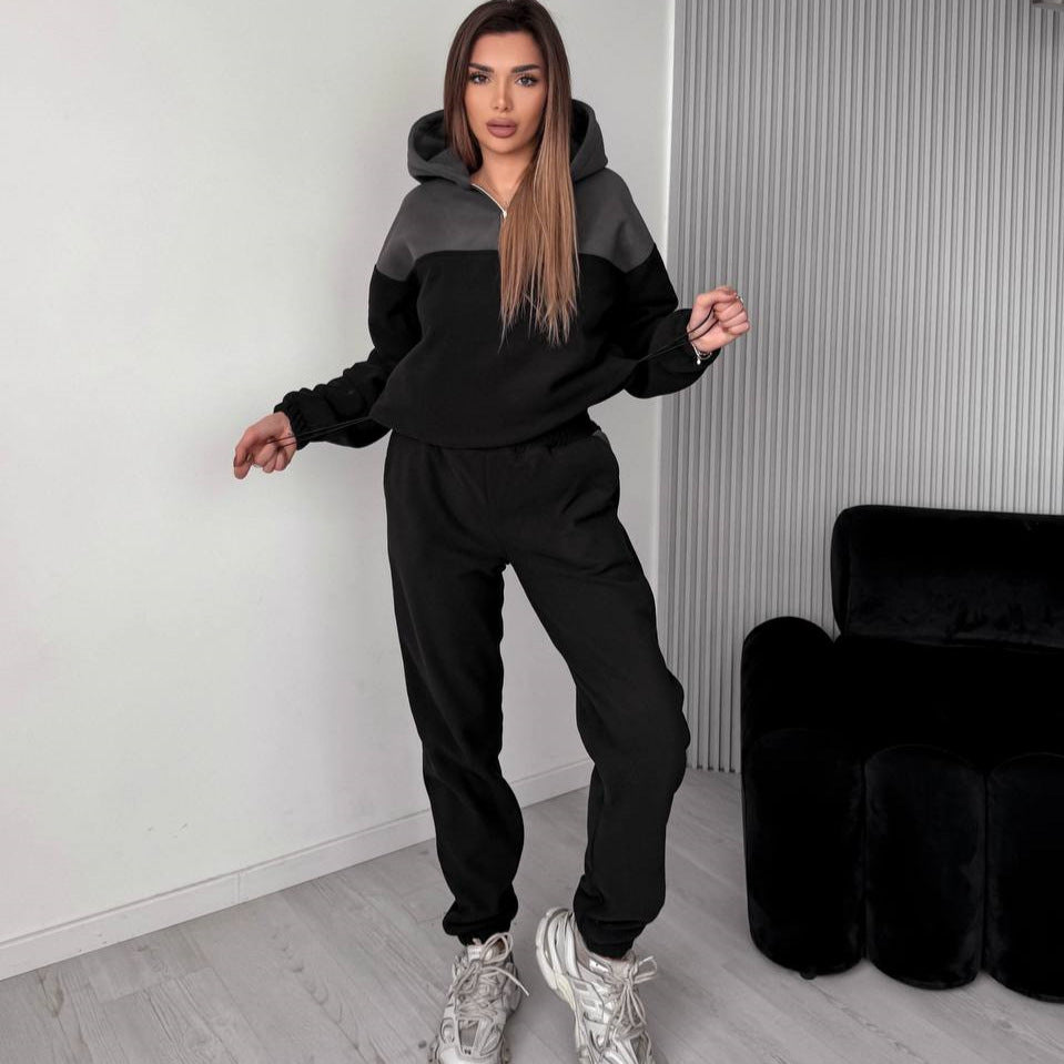 Damen Zweiteiliges Farbblock-Loungewear-Set mit halbem Reißverschluss und schmaler Jogginghose – Avérine