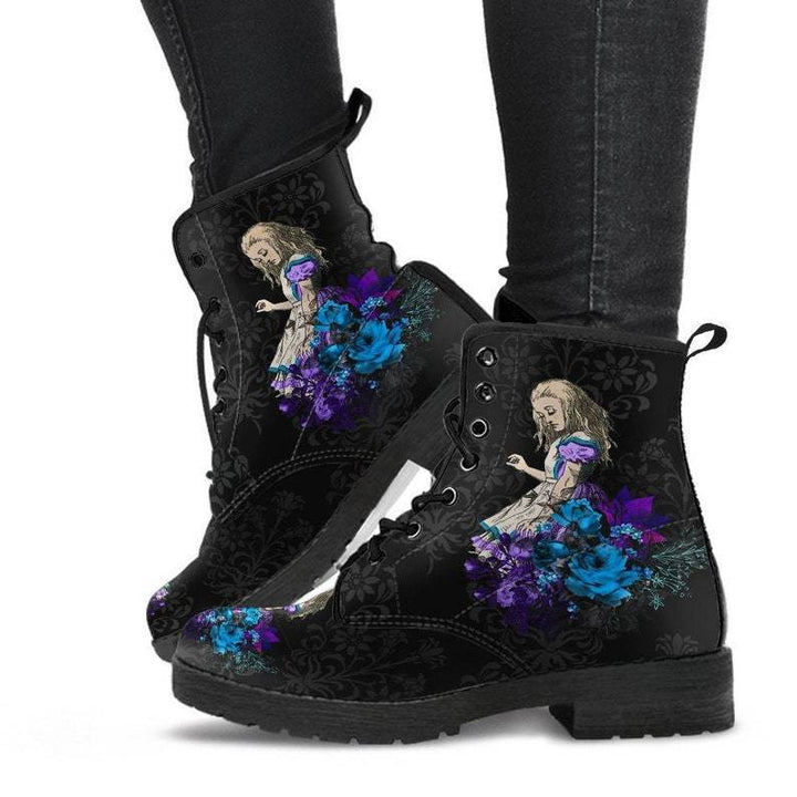Damen nan modische knöchelhohe Schnür-Bikerboots mit auffälligem Totenkopf-Rosen-Print und robuster Profilsohle Echo Archiv