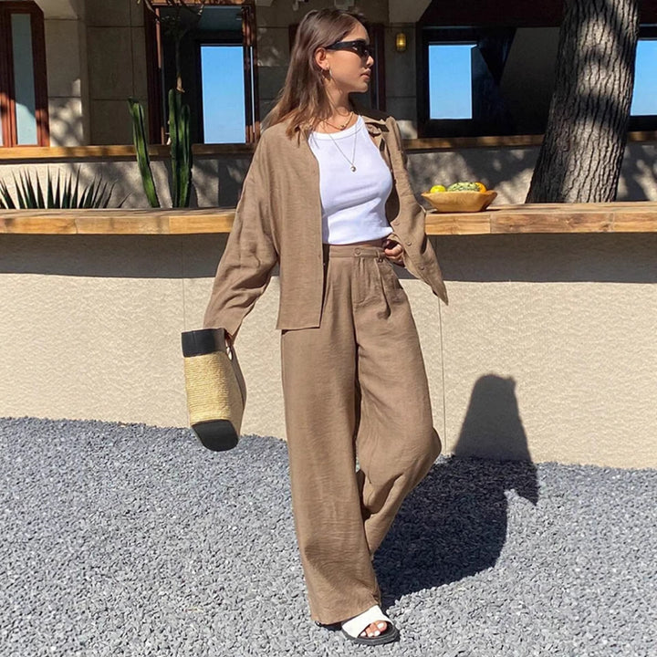 Damen nan entspanntes Leinen Lounge Set mit Oversize Hemd und Kordelbund Palazzohose Echo Archiv