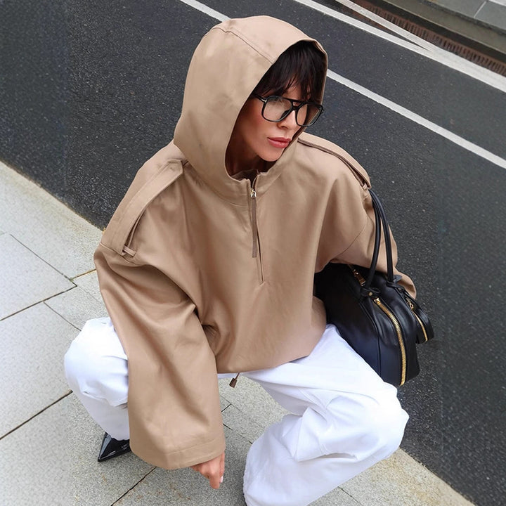 Damen Oversize Kapuzen-Pulloverjacke mit halbem Reißverschluss und Schulterpasse Echoarchiv