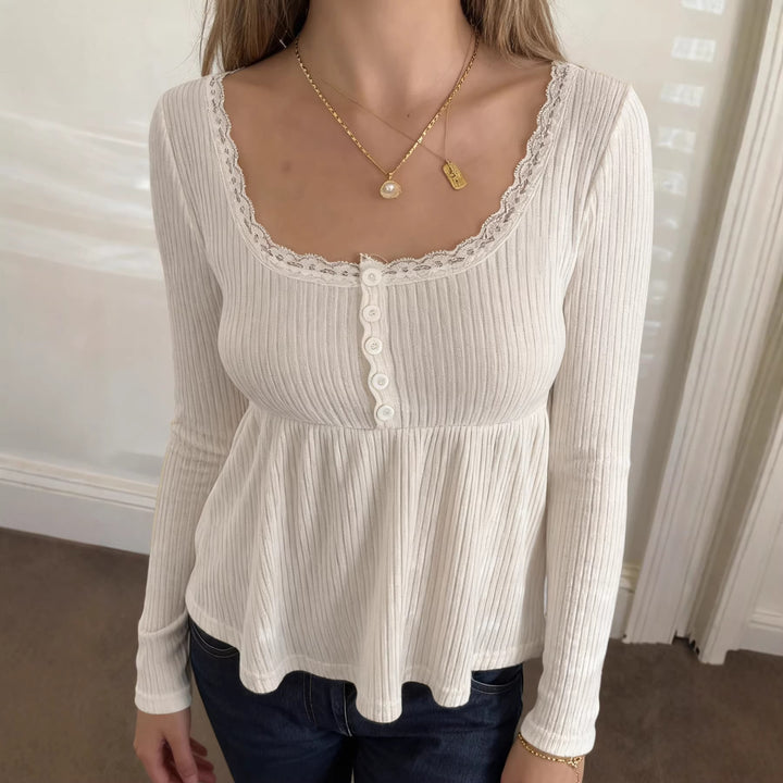 Damen Langärmeliges Babydoll-Top aus Rippjersey mit U-Boot-Ausschnitt und Knopfleiste – Orélia