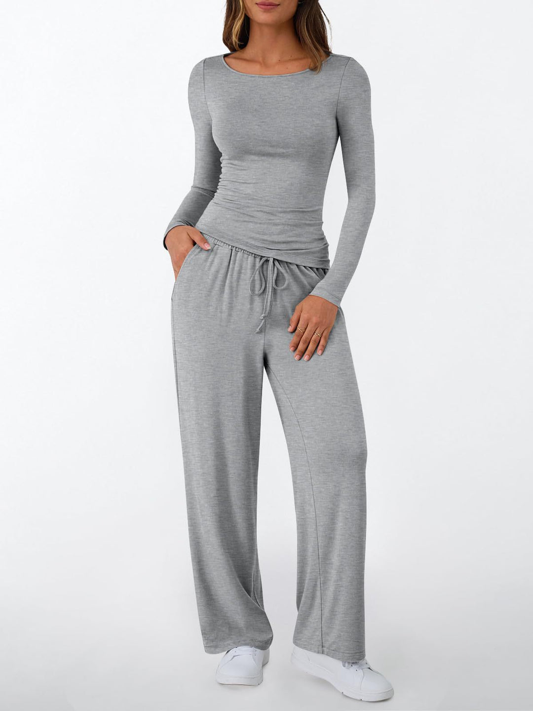 Damen Figurnahes Langarm-Shirt und Palazzo-Jerseyhose Loungewear-Set – Avérine