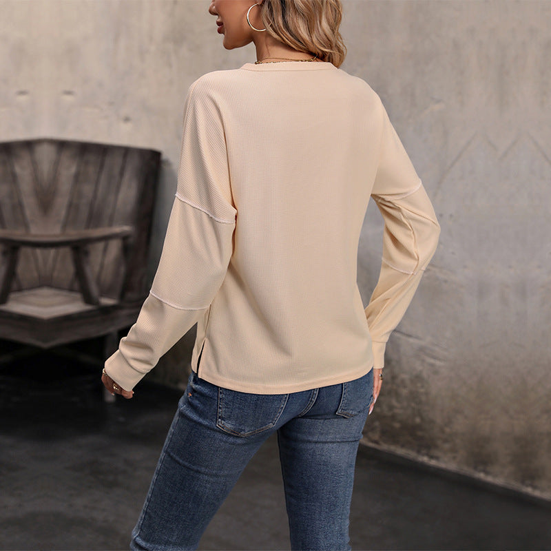Damen Langärmeliges Waffelstrick-Henleyshirt mit Knopfleiste Echoarchiv