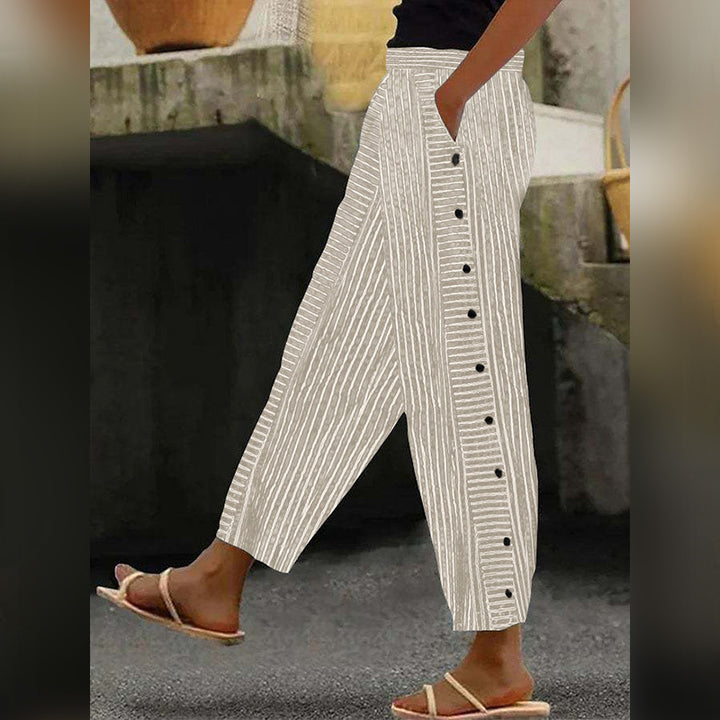 Damenweite Culotte-Hosen mit Paperbag-Taille, Knopfleiste und Seitentaschen – Avélisse