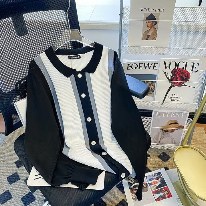 Damen Feinstrick-Cardigan mit Polokragen, kontrastierenden Rippeinsätzen und durchgehender Knopfleiste Echoarchiv