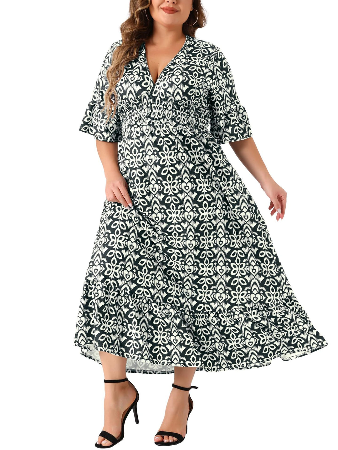 Damen Midikleid in A‑Linie mit grafischem Allover‑Print, geraffter Taillenpartie und Volantstufen Echo Archiv