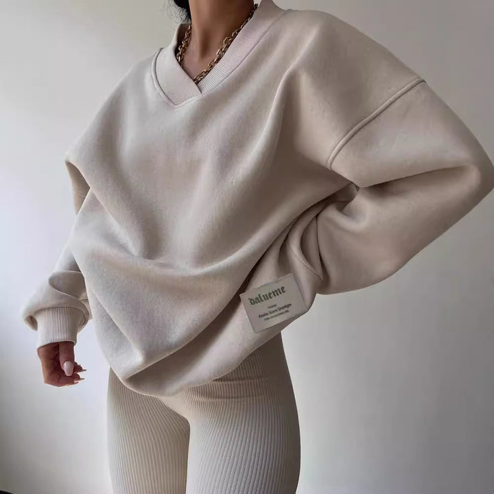 Damen Oversized Sweatshirt mit V-Ausschnitt und geripptem Kragen Echoarchiv