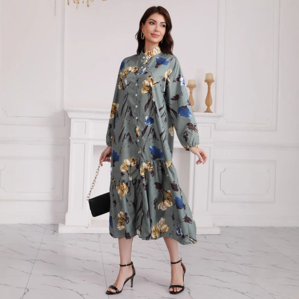 Damen Hemdblusenkleid mit Aquarell-Blumenprint, Stehkragen & Stufenrock – Lunéa
