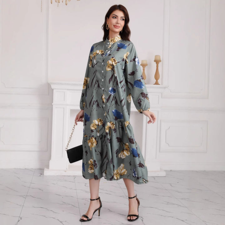 Damen Hemdblusenkleid mit Aquarell-Blumenprint, Stehkragen & Stufenrock – Lunéa