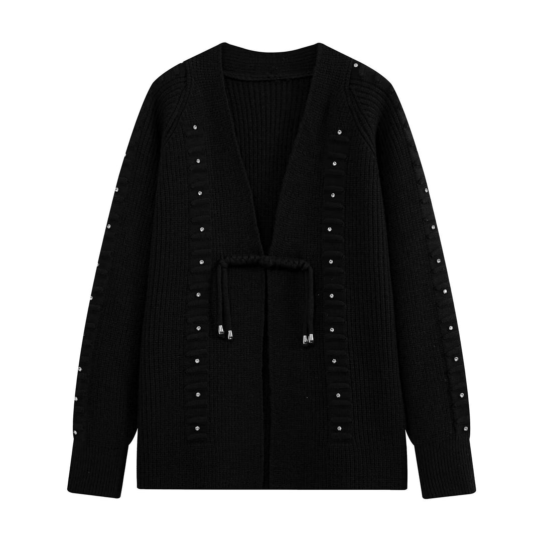 Damen Grobgestrickter Longcardigan mit Ziersteinen und Kordelbindung Echo Archiv