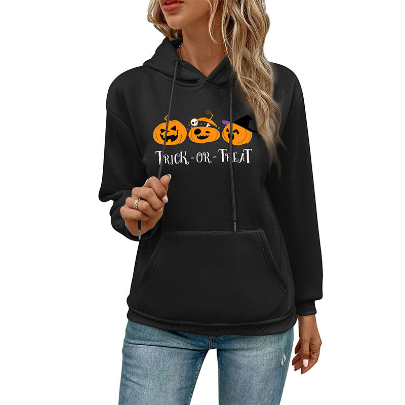 Damen Hoodie mit Halloween-Kürbisprint, Kapuze und Kängurutasche Echoarchiv