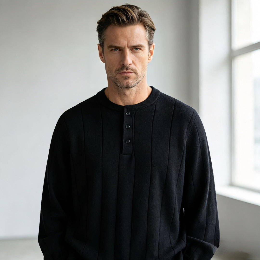 Unisex Oversized Strukturierter Henley-Strickpullover mit vertikaler Rippenstruktur und halber Knopfleiste Echoarchiv
