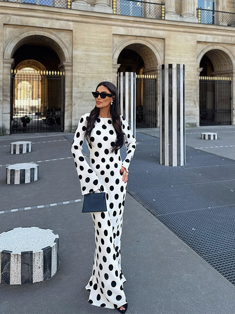 Damen Figurbetontes Polka-Dot Maxikleid mit Trompetenärmeln & Rundhalsausschnitt Echoarchiv