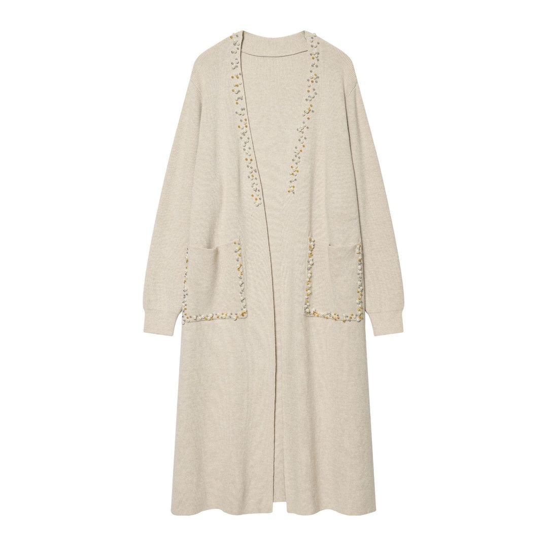 Damen langer Strickcardigan mit Perlenverzierung und aufgesetzten Taschen Echo Archiv