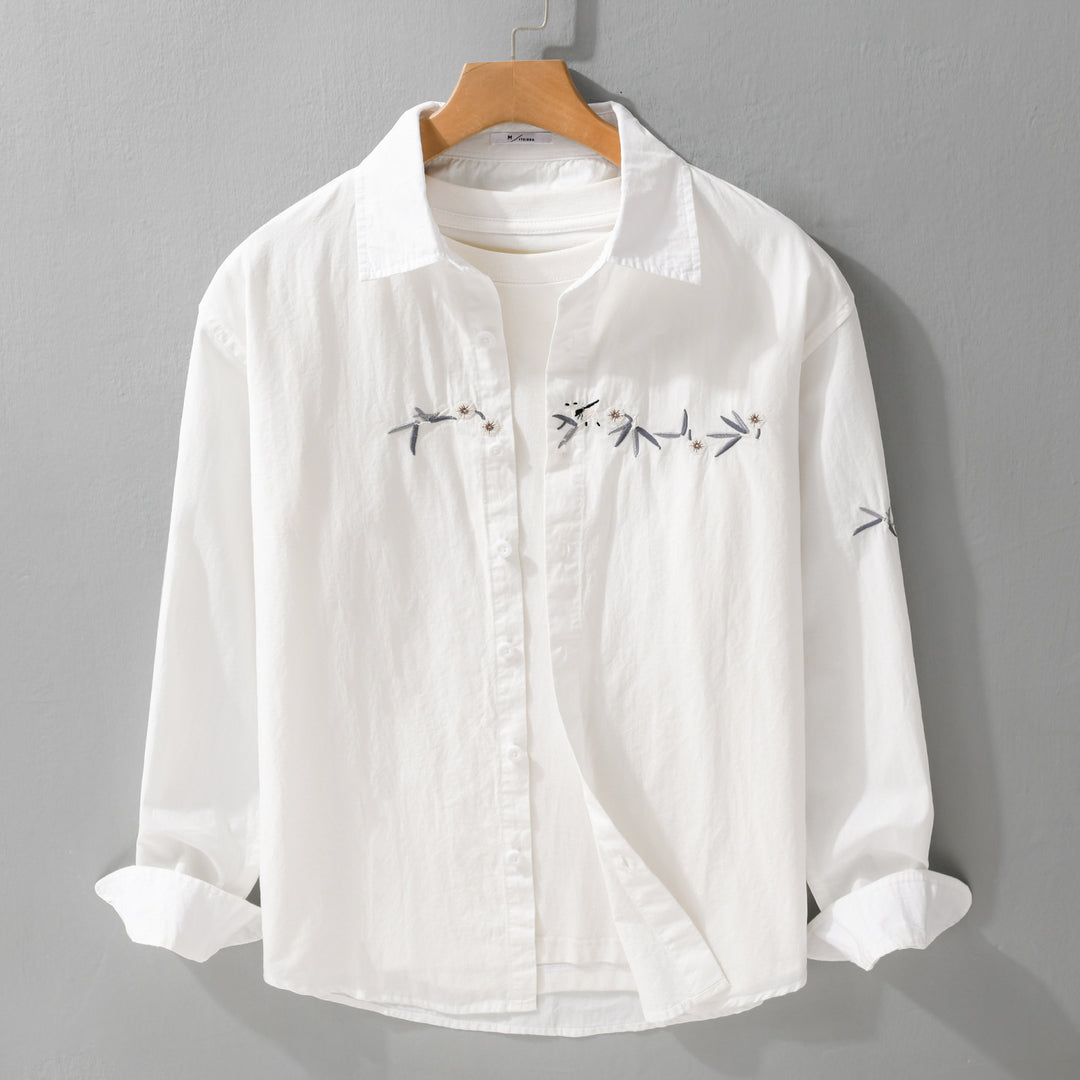 Damen Lockeres besticktes Baumwoll-Overshirt mit Kentkragen und Layering‑Detail Echoarchiv