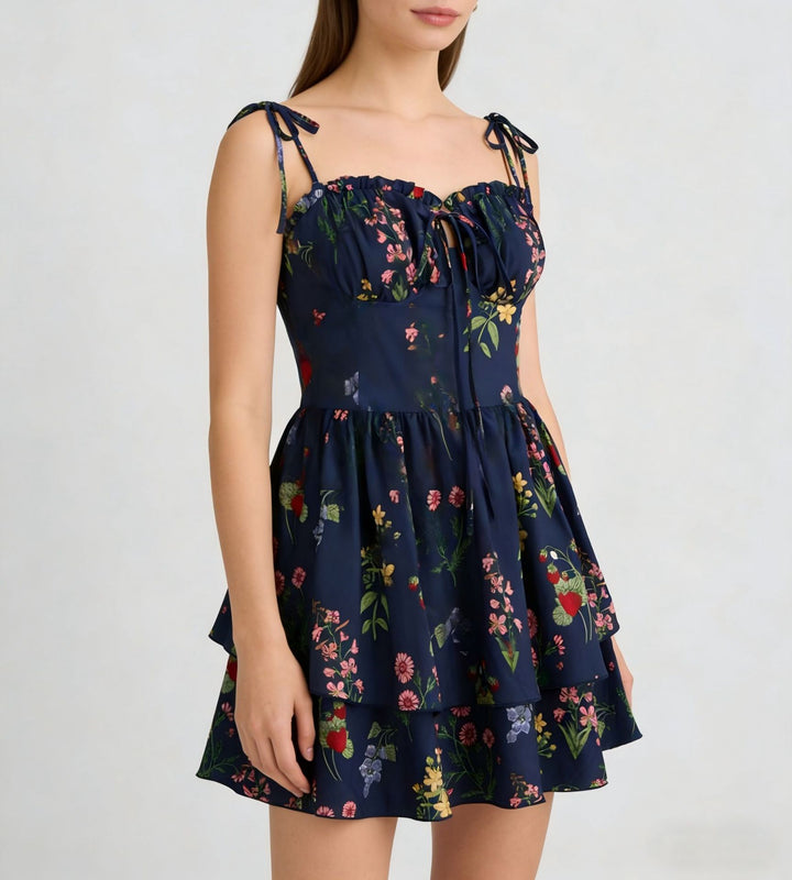 Damen Minikleid mit Blumenmuster und bordeauxfarbenem Unterrock Echo Archiv