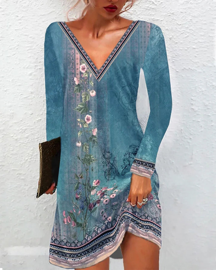 Frauen Floral V-Ausschnitt Tunika Kleid mit Border Print und langen Ärmeln – Lunéa