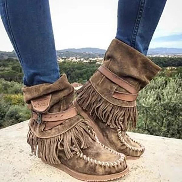 Damen nan Mokassin-Stiefelette mit Fransen, dekorativer Zierschnalle und handgenähter Mokassin-Naht Echo Archiv