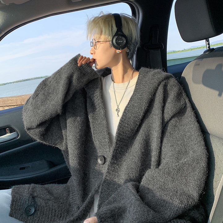 Unisex Oversized Mohair-Optik Strickcardigan mit Kapuze und großen Knöpfen – Auréline