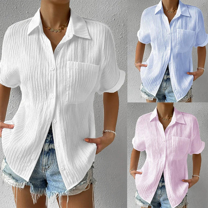 Damen nan Crinkle-Optik-Hemdbluse mit Brusttasche, Krempelärmeln und lockerer Passform Echo Archiv