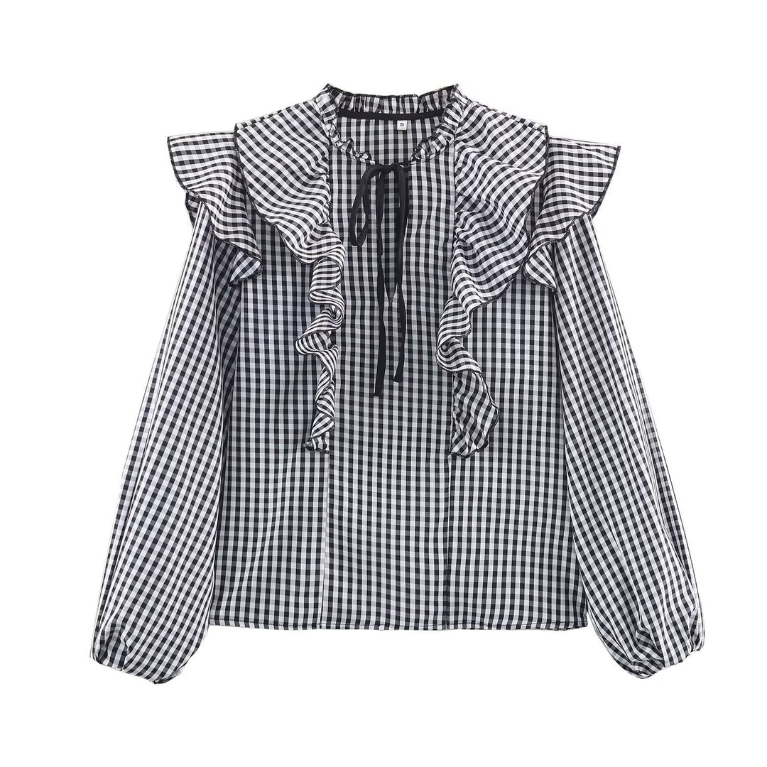 Damen Rüschenshirt mit klassischen Karomuster und eleganten Bindebändern Echo Archiv