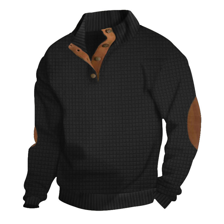 Herren Strukturiertes Waffelstrick-Henleypullover mit Lederbesatz & Ellbogenpatches – Marzano