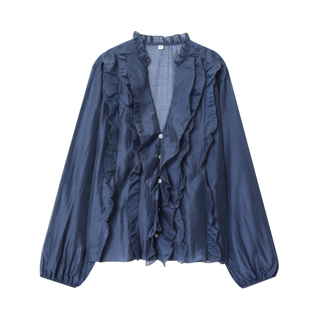 Damen seidige Rüschenbluse mit Stehkragen, Volantfront und Ballonärmeln – Élovi