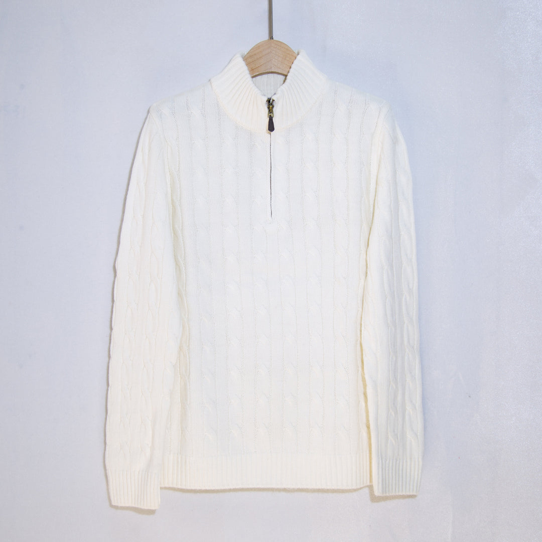 Herren eleganter Strickpullover mit halbem Reißverschluss und Zopfstrickmuster Echoarchiv