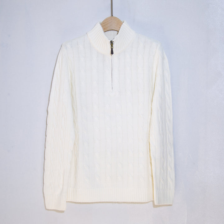 Herren eleganter Strickpullover mit halbem Reißverschluss und Zopfstrickmuster Echoarchiv