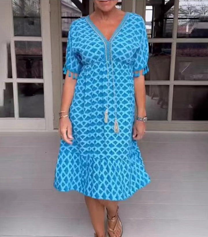Damen nan lässiges Midikleid im Kaftanstil mit V-Ausschnitt, Quastenband, geraffter Empirenaht und Fransenärmeln Echo Archiv