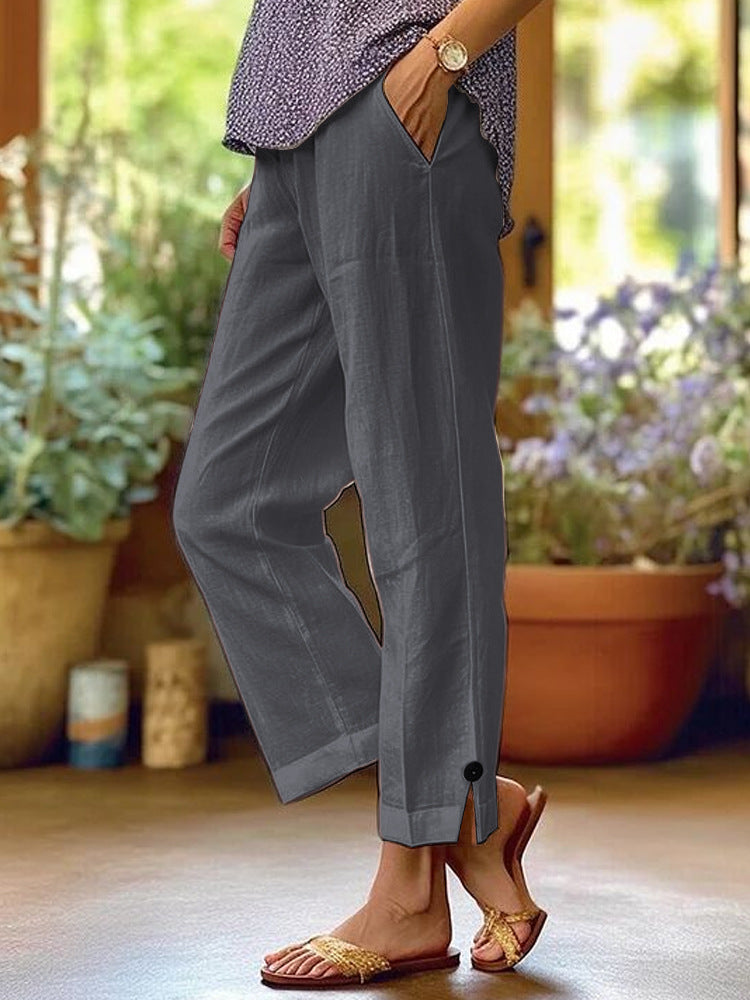 Damen Leinenhose mit lockerer, knöchellanger Passform, seitlichen Eingrifftaschen und Zierknopf-Details – Avélisse