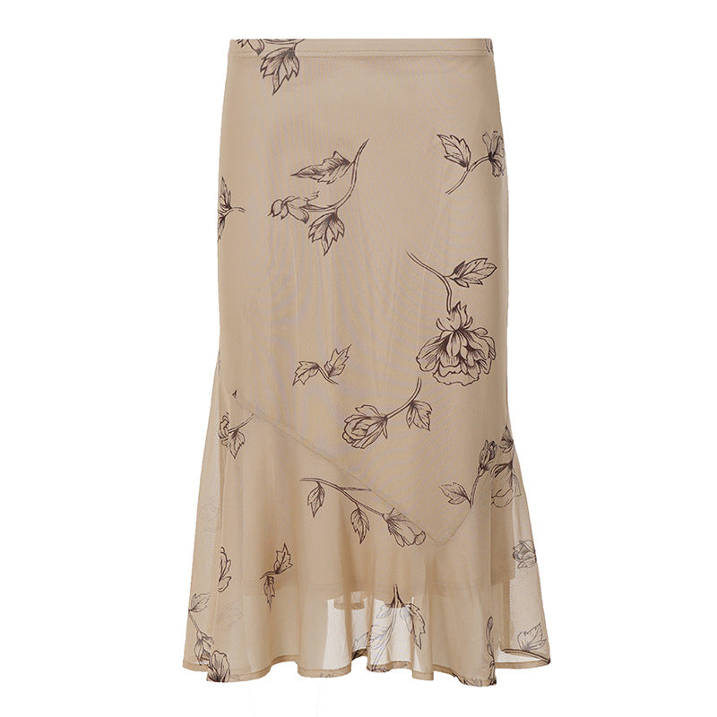 Damen Fließender Chiffon-Midirock mit zartem Blumenprint und asymmetrischem Volant – Rosévia