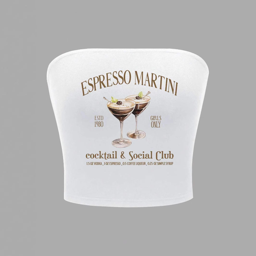 Damen Bandeau Top mit Espresso Martini Aufdruck und figurbetontem Schnitt Echo Archiv