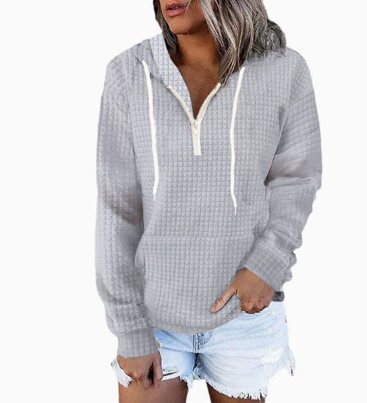 Damen Waffelstruktur Kapuzenpullover mit Halbzip, Kängurutasche und lässigem Oversize‑Schnitt Echoarchiv