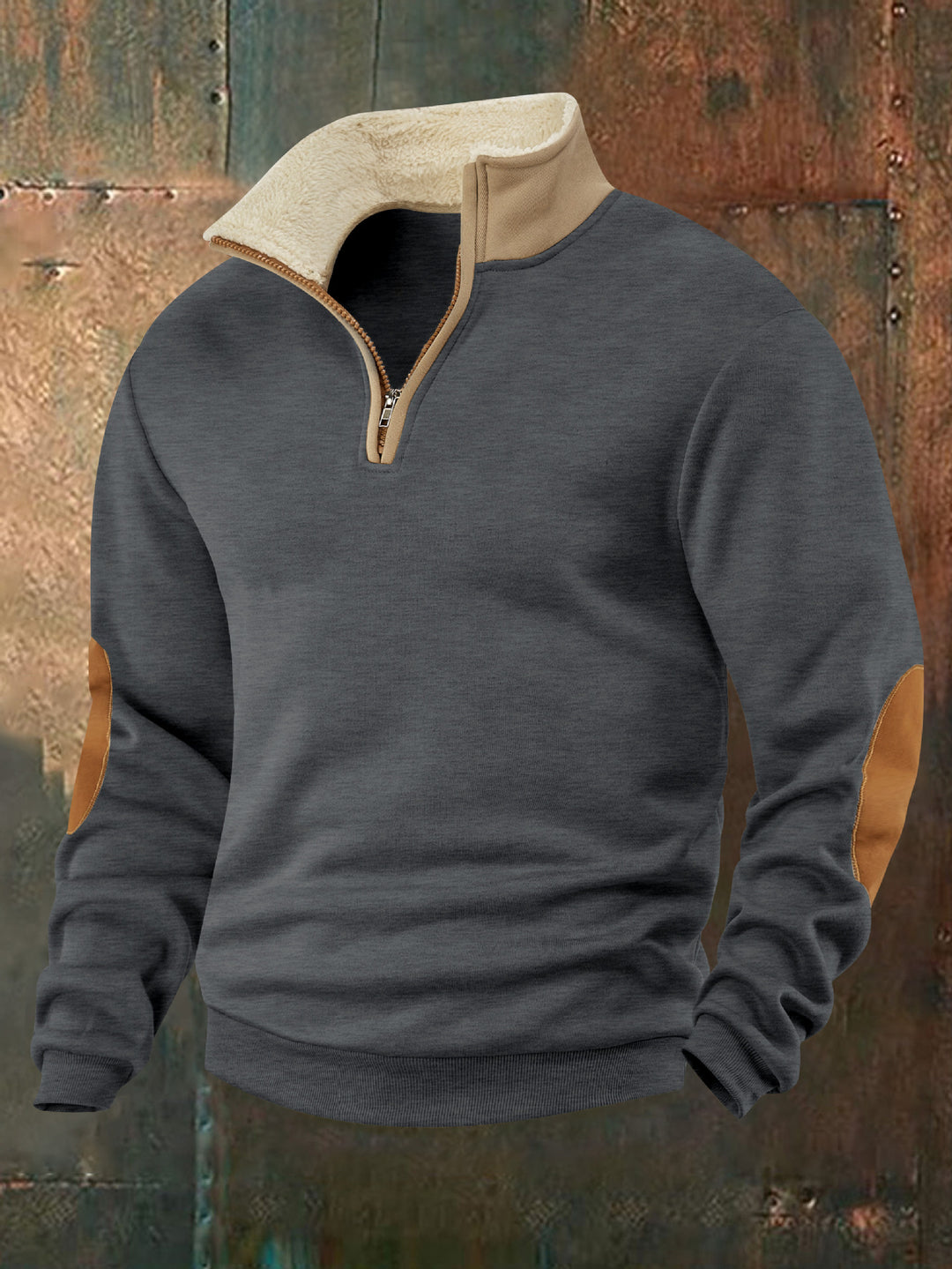 Herren Fleece-Pullover mit hochabschließendem Kragen und modischen Lederapplikationen Echoarchiv