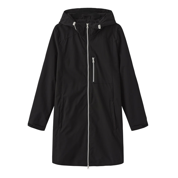 Damen nan lange schlanke Funktionsregenjacke mit durchgehendem Reißverschluss Brustreißverschlusstasche und Klettmanschetten Echo Archiv